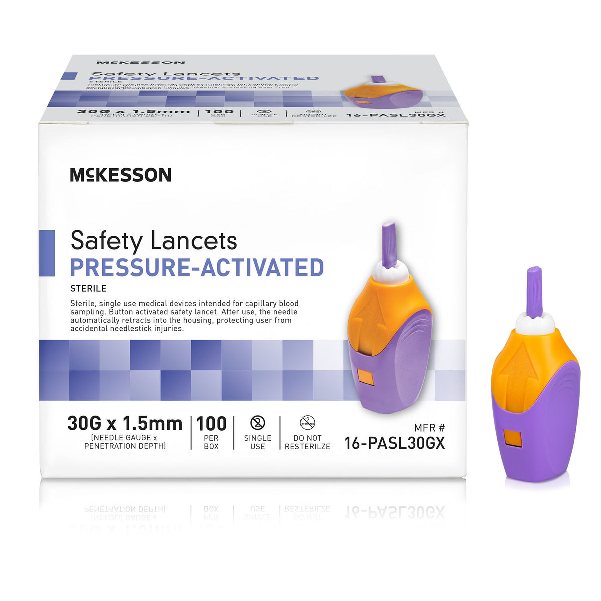 McKesson Pressure Activated Safety Lancets, 30 Gauge, Purple, BX/100