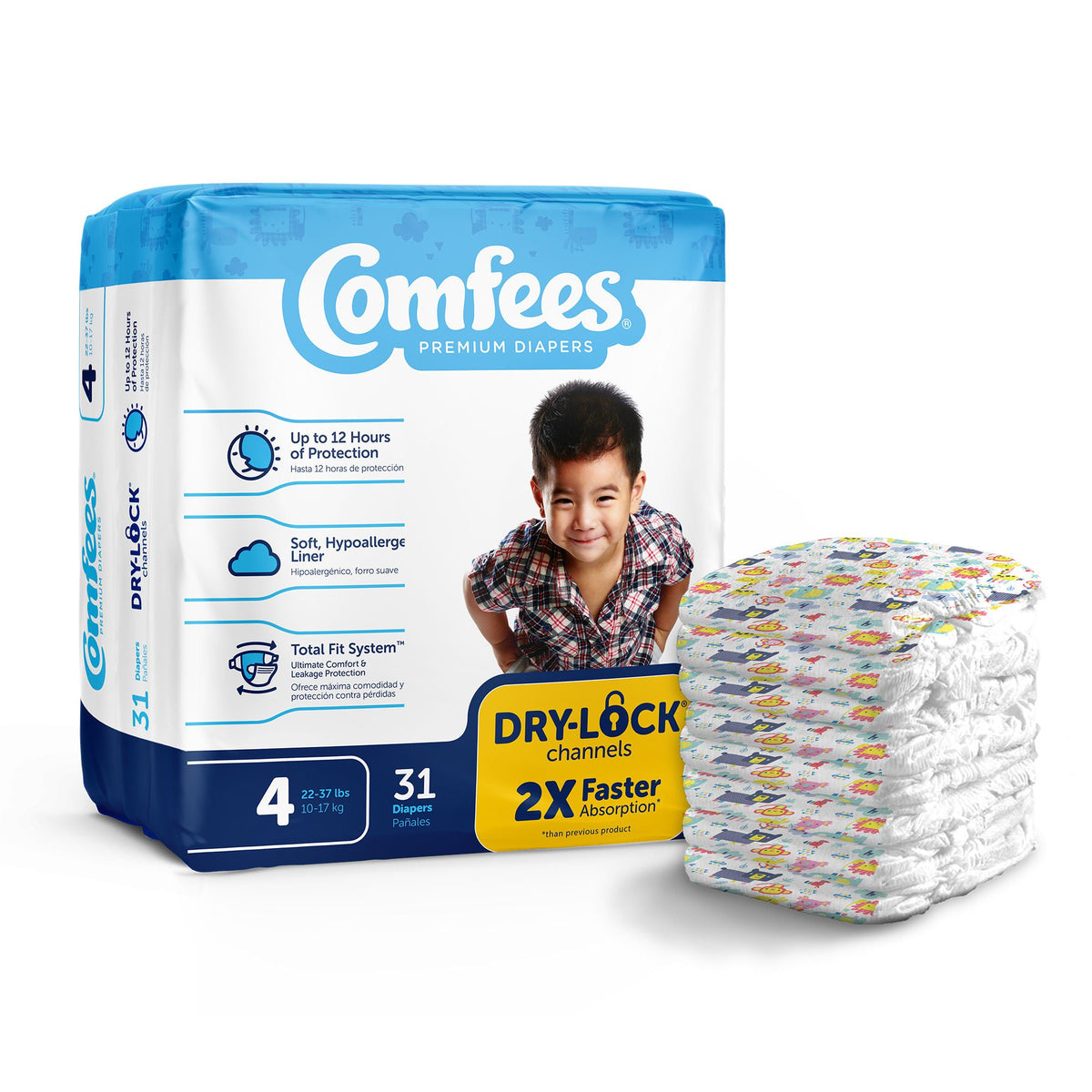 Comfees® Premium Diapers, Unisex, Baby, Tab Closure, Size 4, CS/124