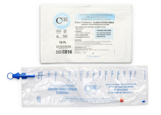 Cure Catheter Single Closed System, Unisex, Straight Tip, 16 FR