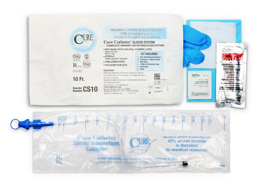 Cure Catheter Closed System Kit, Unisex, Straight Tip with Integrated 1500mL Collection Bag, 10 FR
