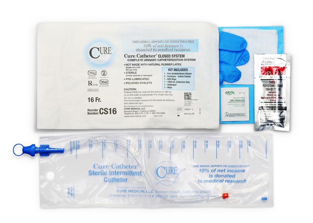 Cure Catheter Closed System Kit, Unisex, Straight Tip with Integrated 1500 mL Collection Bag, 16 FR