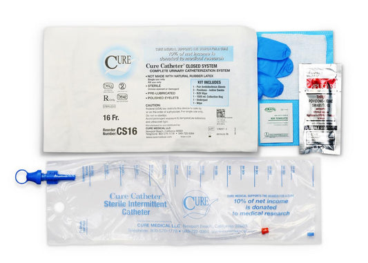 Cure Catheter Closed System Kit, Unisex, Straight Tip with Integrated 1500 mL Collection Bag, 16 FR