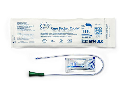 Cure Medical Pocket Catheter, Single, Male, 16" Coude Tip with Lubricant, 14 FR