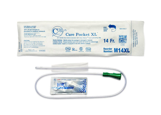 Cure Medical Pocket Catheter, Single, Male, 25" Straight Tip with Lubricant & Gripper Sleeve, 14 FR