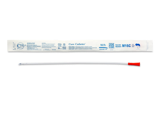 Cure Catheter Uncoated, Single, Male, 16" Coude Tip, 16 FR