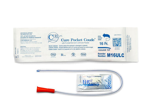 Cure Medical Pocket Catheter, Single, Male, 16" Coude Tip with Lubricant, 16 FR