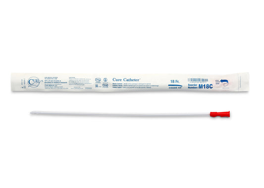 Cure Catheter Uncoated, Single, Male, 16" Coude Tip, 18 FR