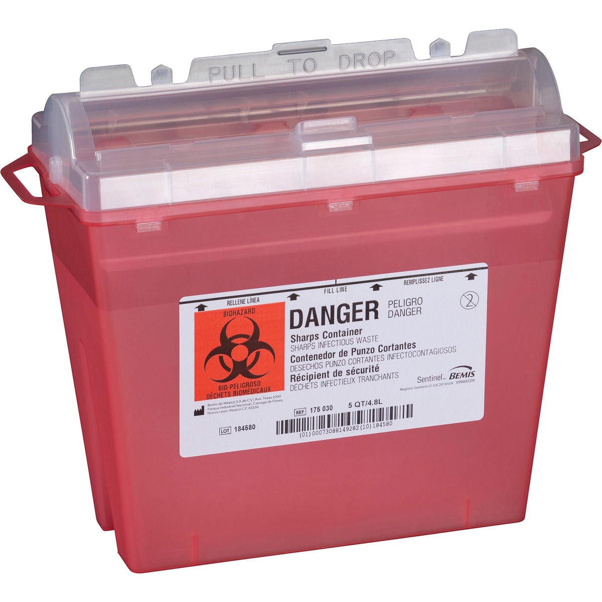 Bemis™ Sentinel Multi-purpose Sharps Container, 1.25 Gallon, 10 x 5.25 x 11 Inch, EA/1