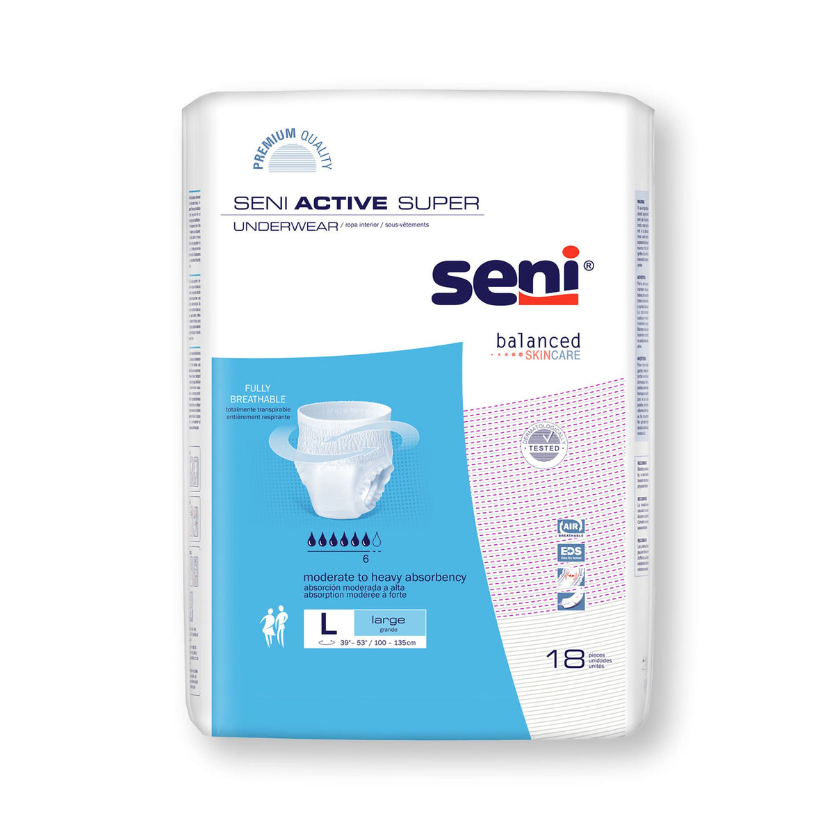 Seni® Active Super Moderate to Heavy Absorbent Underwear, Large, PK/18