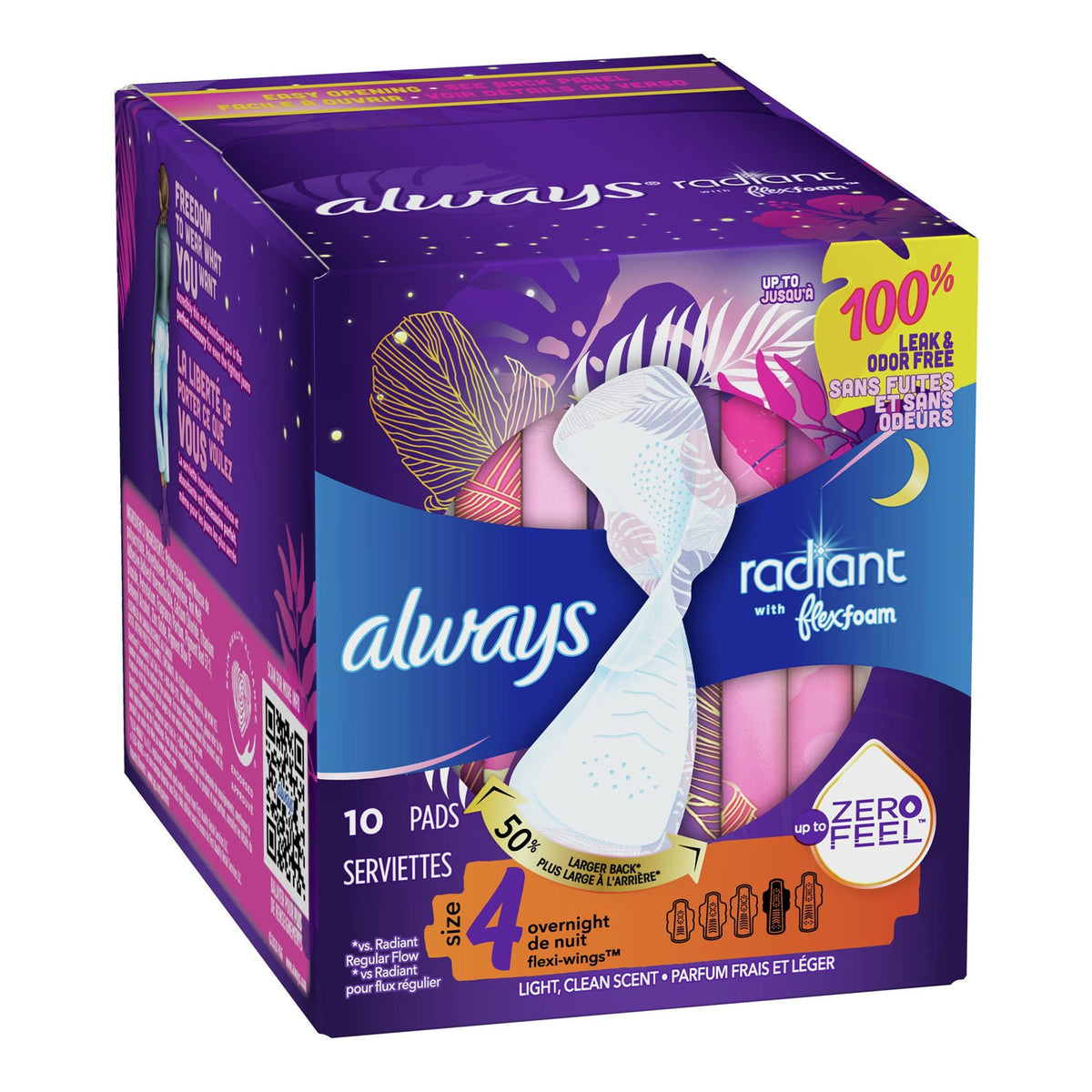 Always® Radiant Overnight Pads, Size 4, BX/10