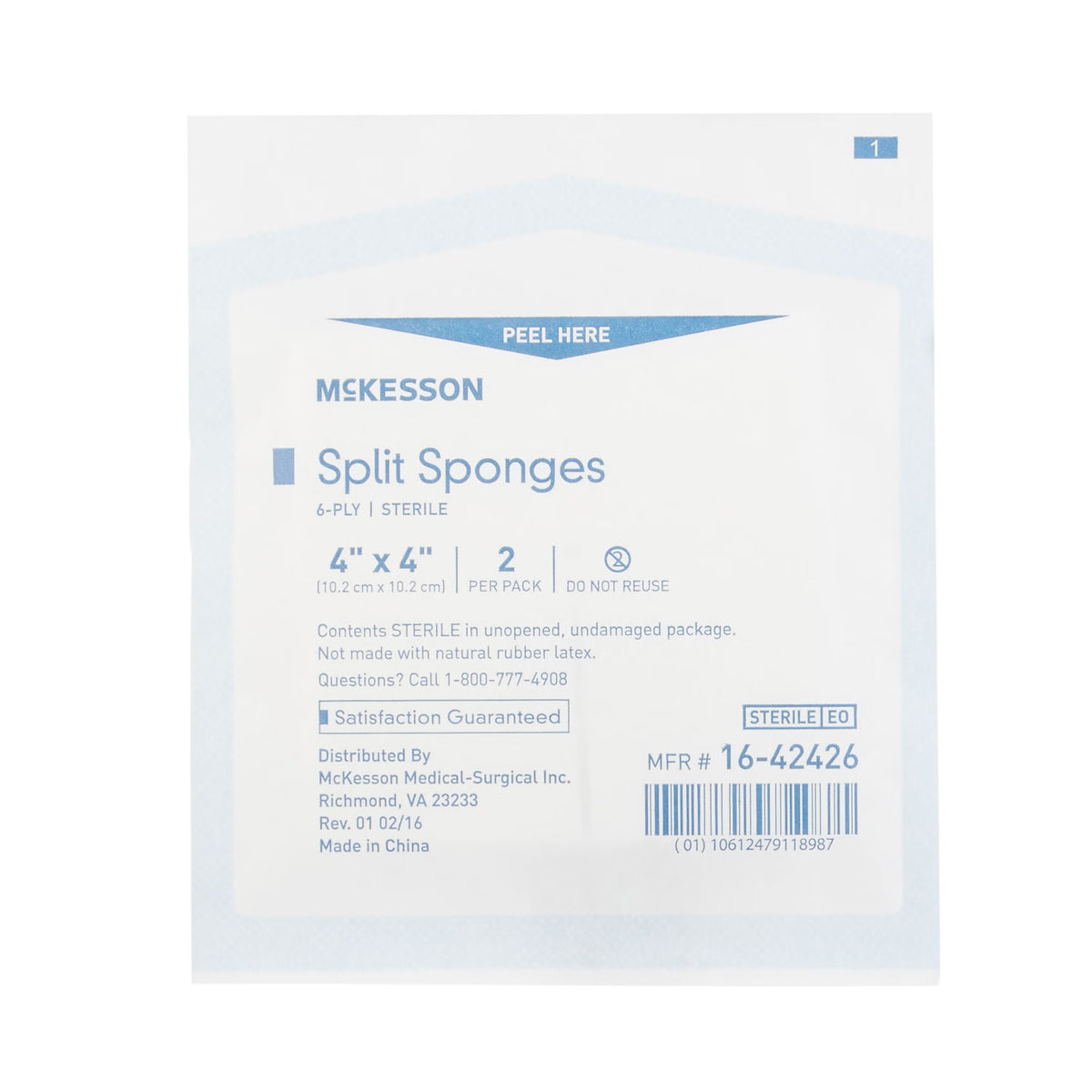 McKesson IV/Drain Split Dressing, 4 x 4 Inch, 6-Ply, BX/25