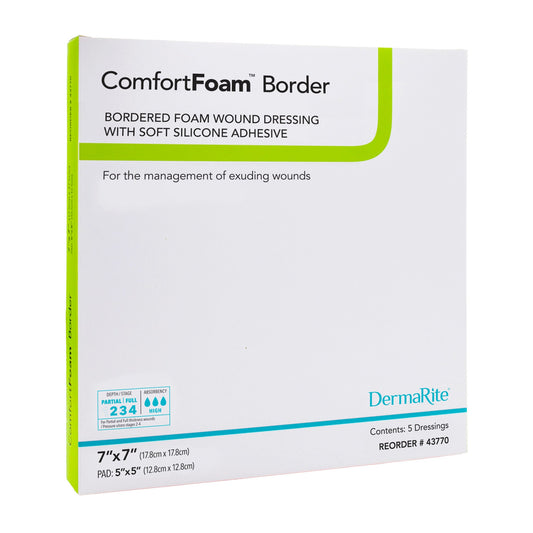 ComfortFoam™ Bordered Foam Wound Dressing w/ Soft Silicone Adhesive, 7 x 7 Inch, BX/5