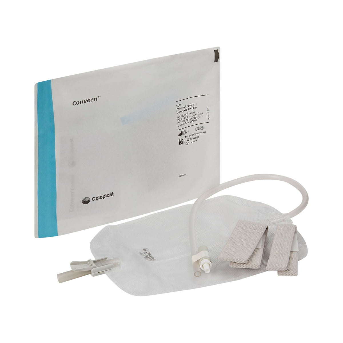 Conveen® Contour Urinary Leg Bag, Anti-Reflux Valve, Polyethylene/Flocked, 800mL, EA/1