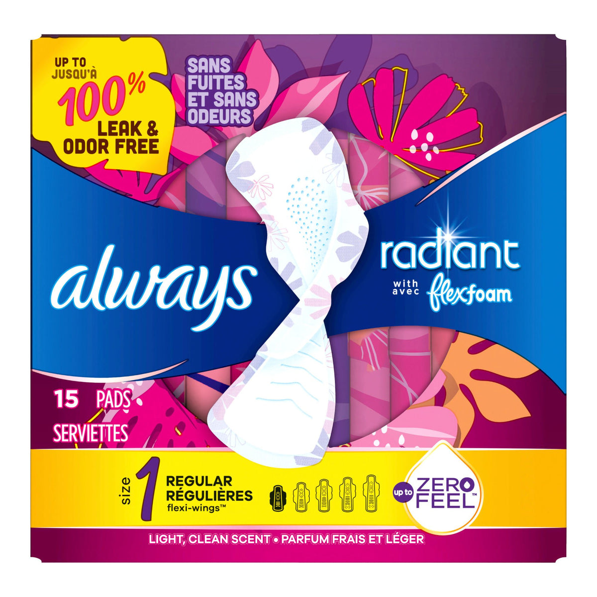 Always® Radiant Regular Pads, Size 1, BX/15