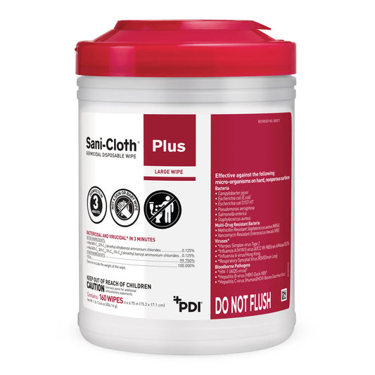 Sani-Cloth® Plus Germicidal Wipe Disinfectant Cleaner, Canister, 6 x 6¾ Inch, BX/160