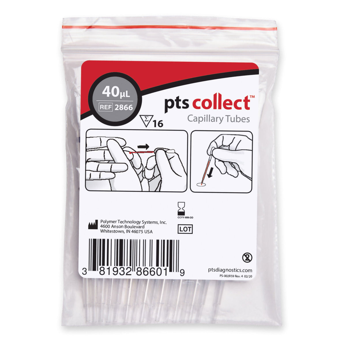 PTS Diagnostics Capillary Blood Collection Tube, 40 µL, BG/16