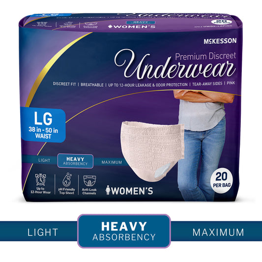 McKesson Premium Discreet Underwear for Women, Heavy Absorbency, Large, BG/20