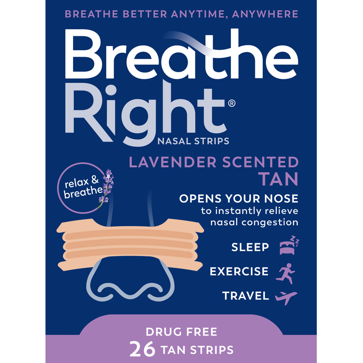 Breathe Right Tan Nasal Strips, Lavender, 26 ct, EA/1