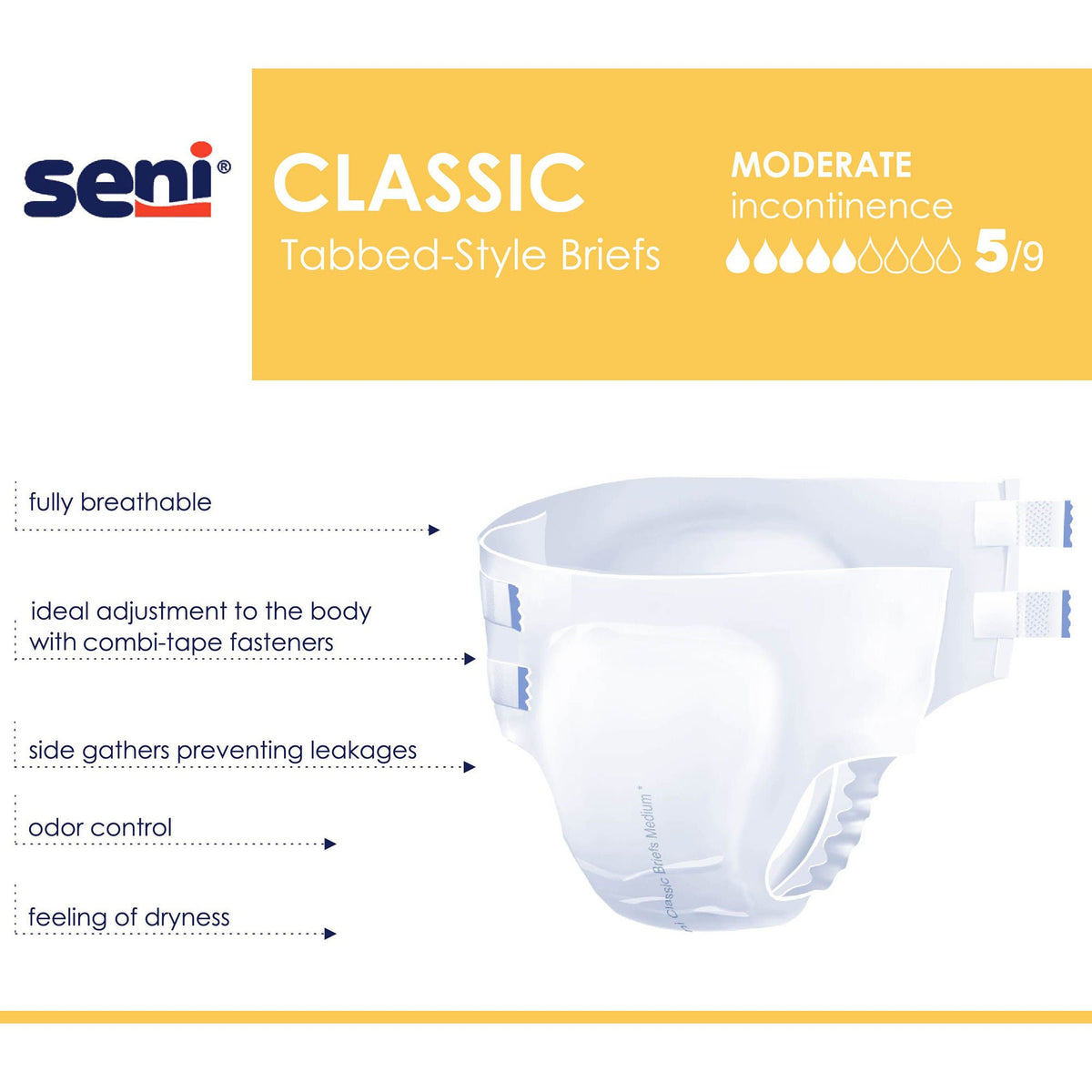 Seni Classic Incontinence Briefs for Men and Women, Moderate Absorbency, Medium