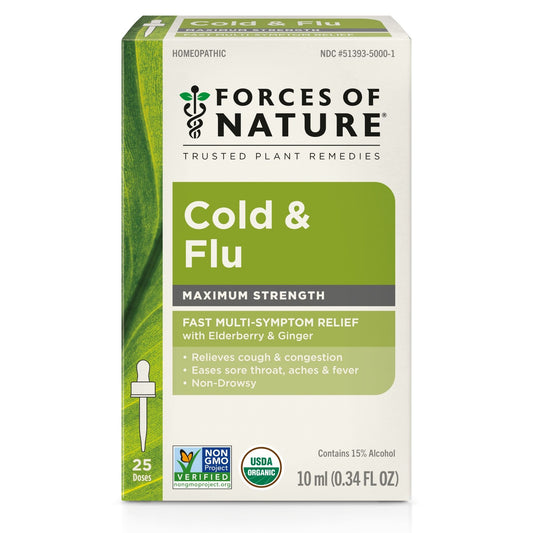 Forces of Nature Cold & Flu Relief Maximum Strength, Organic, Homeopathic, Sublingual, 10ml (0.34 fl oz)
