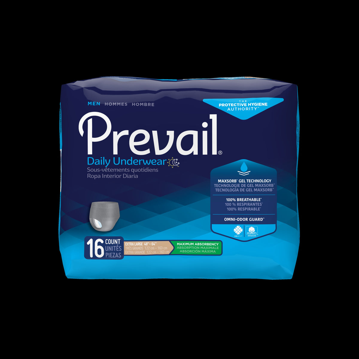 Prevail Underwear for Men, X-Large, 48" - 64", Maximum Absorbency, PK/16