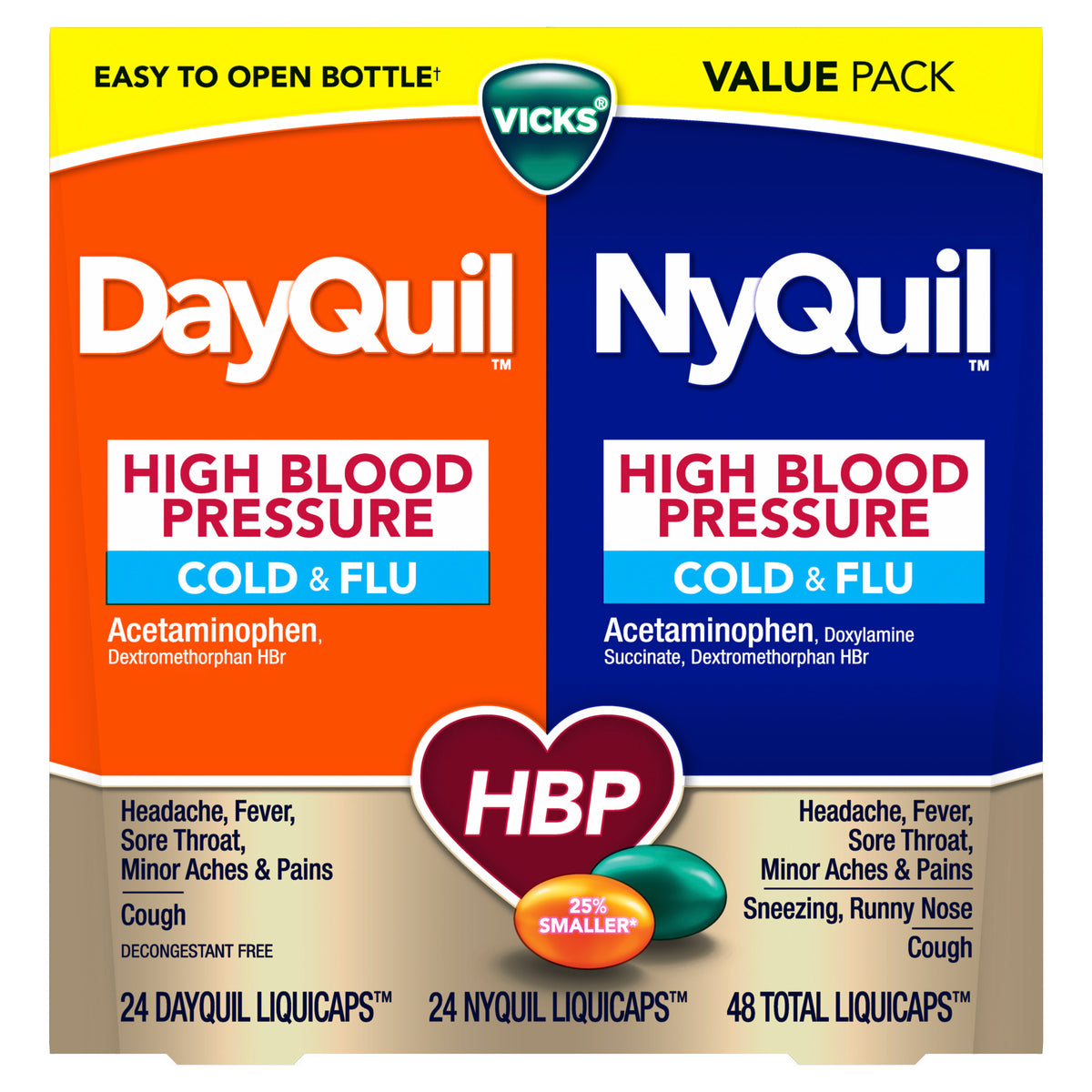 Vicks DayQuil & NyQuil High Blood Pressure Cold & Flu Relief Liquicaps, Combo Pack, 48 ct