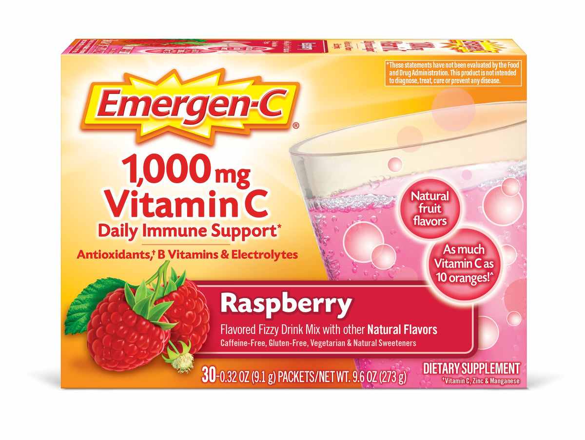 Emergen-C Vitamin C 1000mg Powder (30 Count, Raspberry Flavor, 1 Month Supply), With Antioxidants, B Vitamins and Electrolytes, Dietary Supplement Fizzy Drink Mix, Caffeine Free