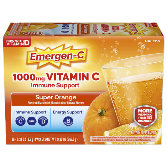 Emergen-C 1000mg Vitamin C Powder for Daily Immune Support Caffeine Free Vitamin C Supplements with Zinc and Manganese, B Vitamins and Electrolytes, Super Orange Flavor - 30 Count