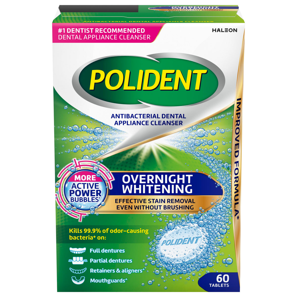 Polident Overnight Whitening Antibacterial Dental Appliance Cleanser Tablets, 60 Count - REPLACES GSK310158034476, BX/60