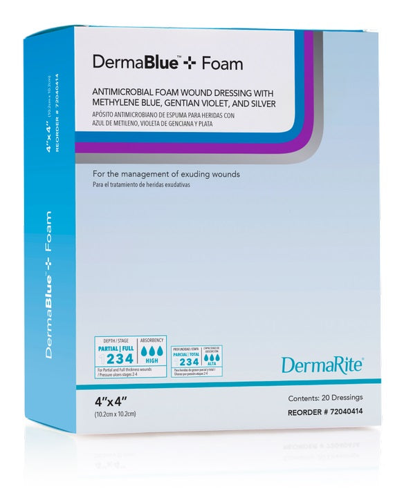 Dermablue+ Foam Wound Dressing, 4" x 4" x 1/4"