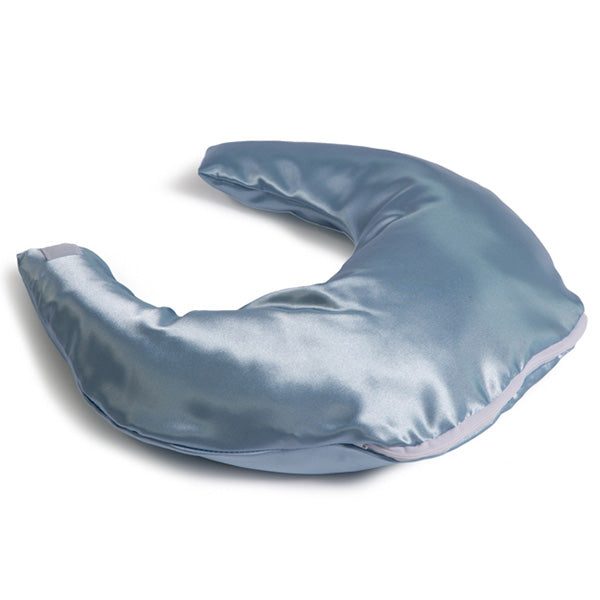 Comfy Crescent Pillow with Blue Satin Zippered Cover