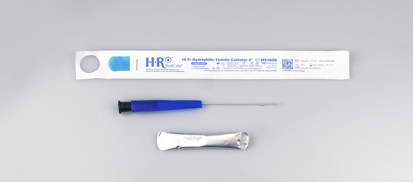 TruCath Hydrophilic Catheter with water bag and touch free sleeve, 10FR, 6"