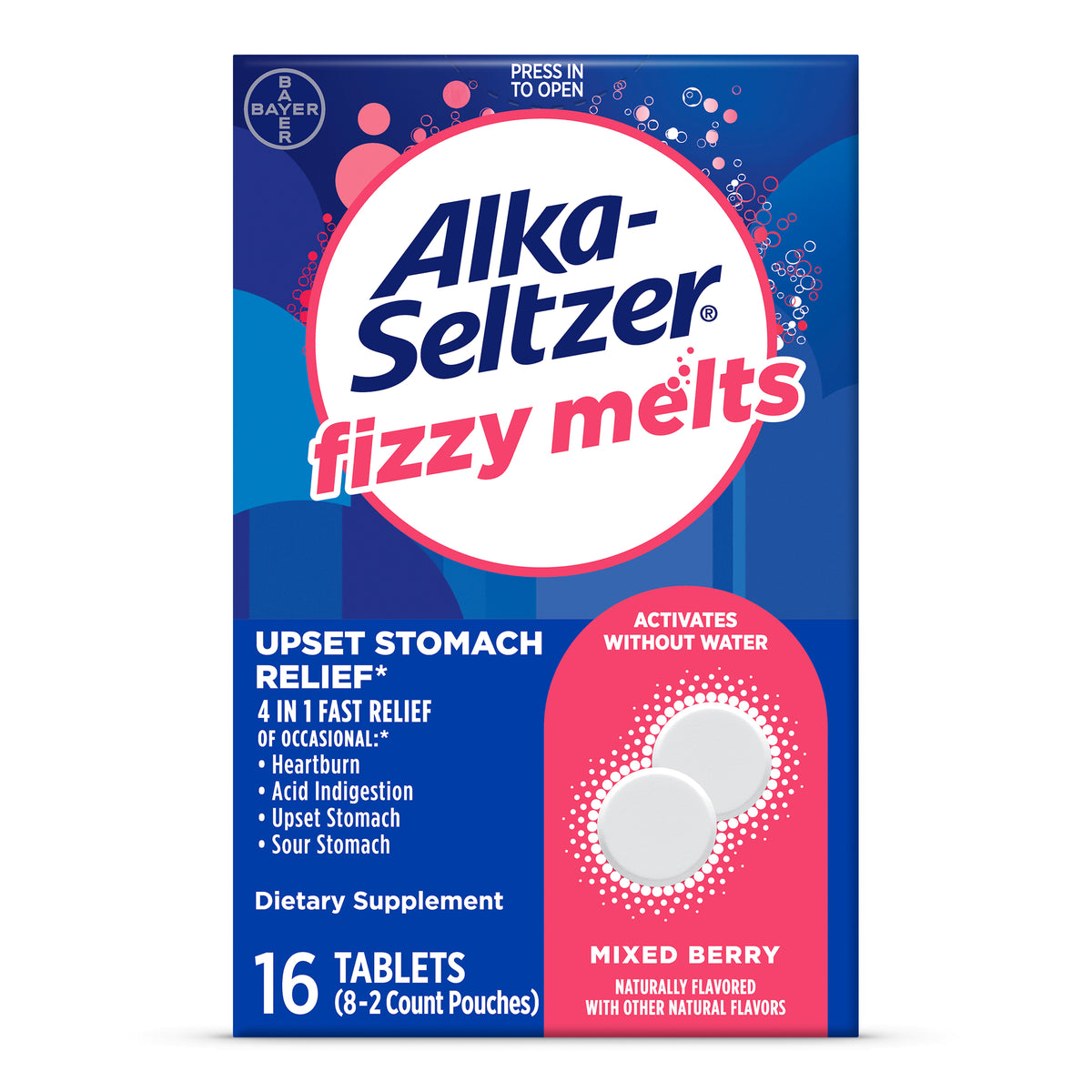 Alka-Seltzer Fizzy Upset Stomach Relief Melts Tablets Mixed Berry, 16 CT