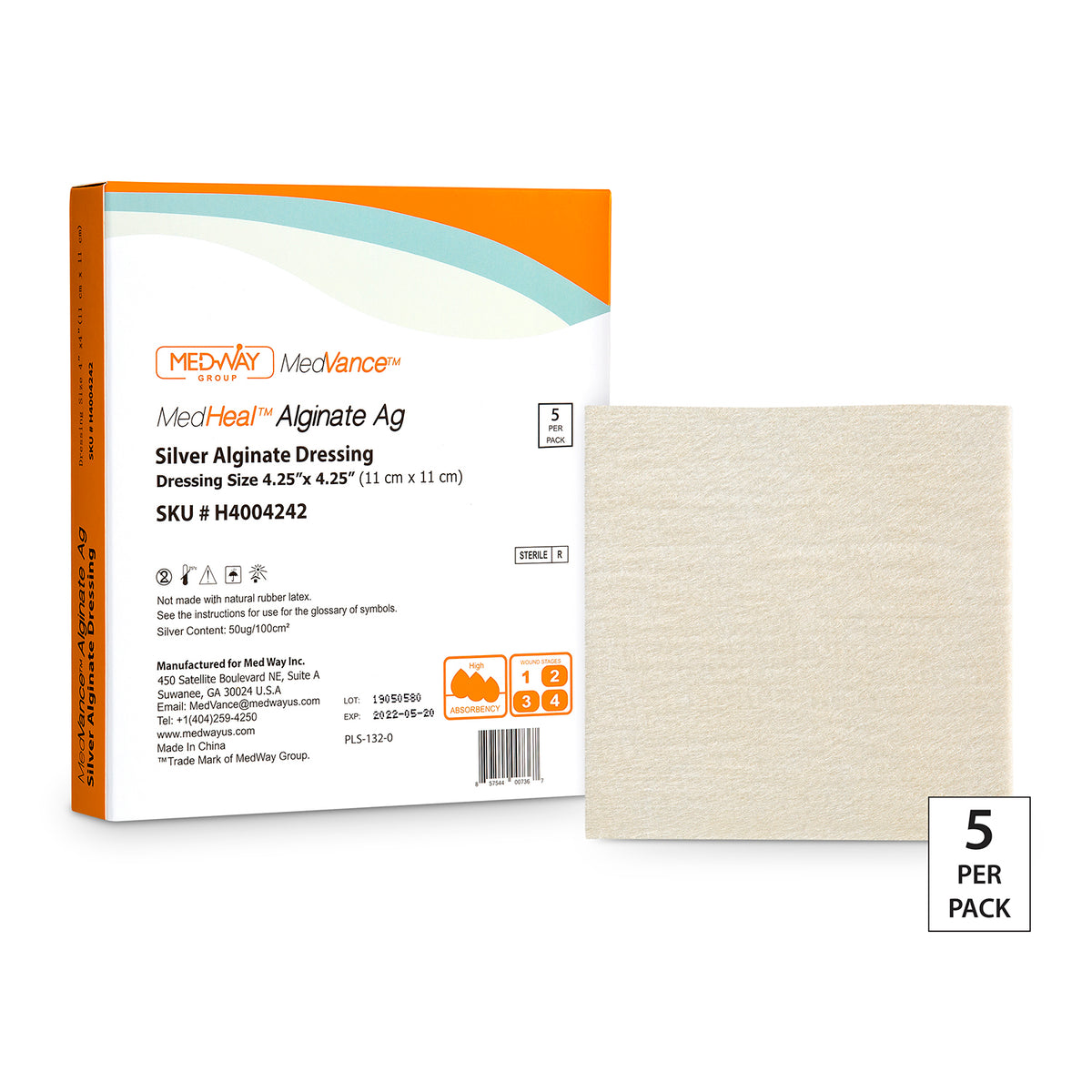 CuraVance Silver Alginate Dressing Pad, 4.25" x 4.25"., EA/1