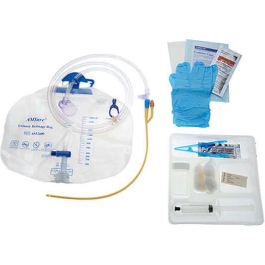 AMSure Foley Tray Bag, Preconn 100% Silicone 16Fr, 05cc, 2000mL Bag, 10cc Syringe, Nitrile Gloves, Sterile