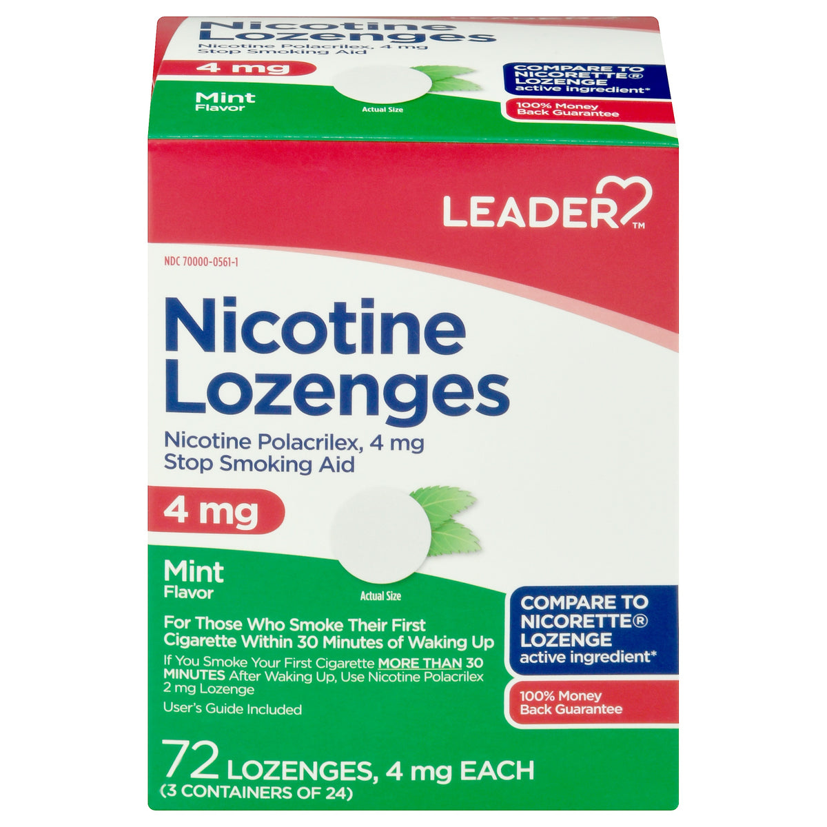 Leader Nicotine Lozenge Nicotine Polacrilex, 4 mg, Mint, 72 ct