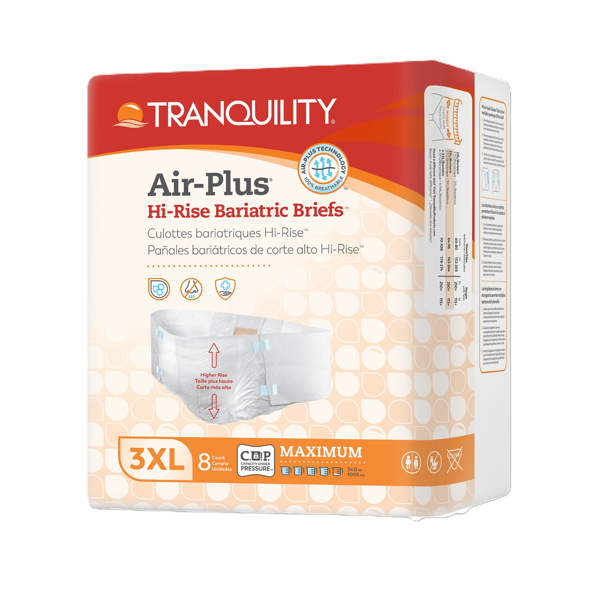 Tranquility Air-Plus Hi-Rise Bariatric Disposable Briefs, 3X-Large, White, 64" - 96"
