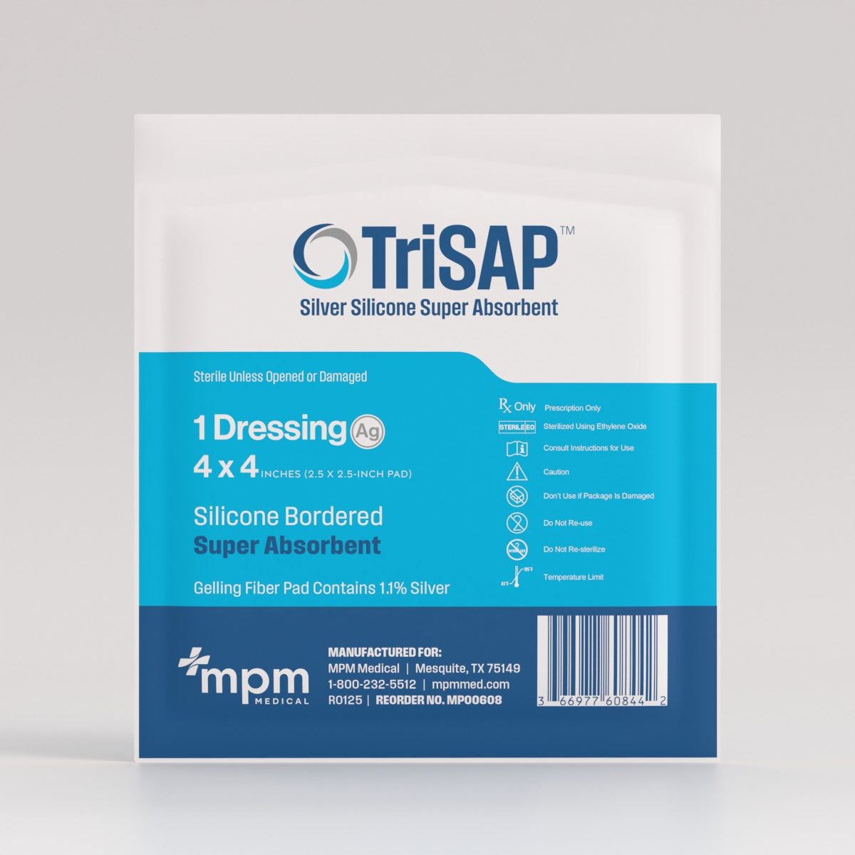 TriSap Ag Silicone Border Dressing with Silver, Super Absorbent, Sterile, 4" x 4"