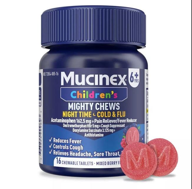 Mucinex Children's Mighty Chews Nighttime Cold & Flu, Mixed Berry, 16 ct