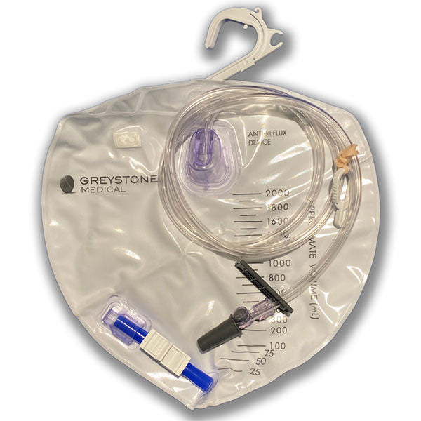 Greystone Urinary Drainage Bag with Integrated Anti-Reflux Device, 2000mL