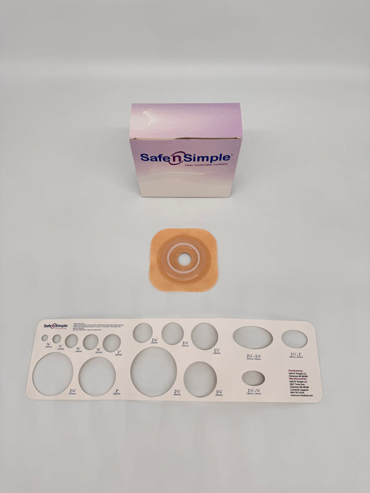 Safe N Simple 4-1/4" x 4-1/4" 2-Piece Wafer, Standard Wear, With Tape Collar, Beige, 45mm, 1-3/4" Flange, 7/8" Precut Stoma Opening