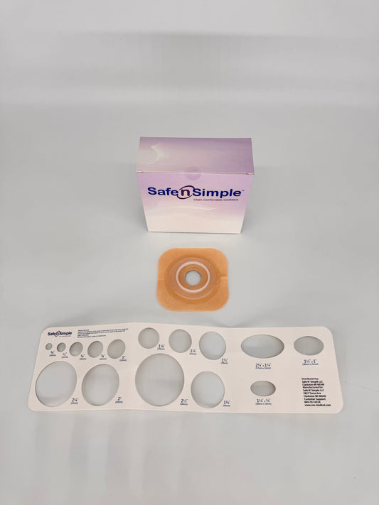 Safe N Simple 4-1/4" x 4-1/4" 2-Piece Wafer, Standard Wear, With Tape Collar, Beige, 45mm, 1-3/4" Flange, 1" Precut Stoma Opening