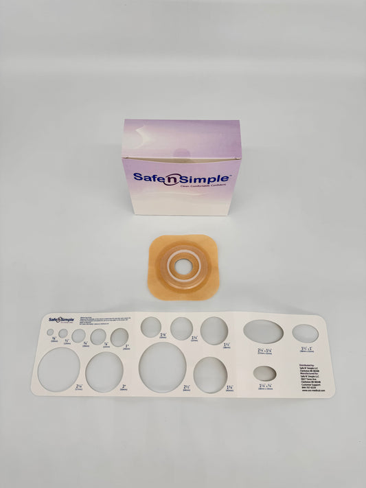 Safe N Simple 4-1/4" x 4-1/4" 2-Piece Wafer, Standard Wear, With Tape Collar, Beige, 45mm, 1-3/4" Flange, 1-1/8" Precut Stoma Opening