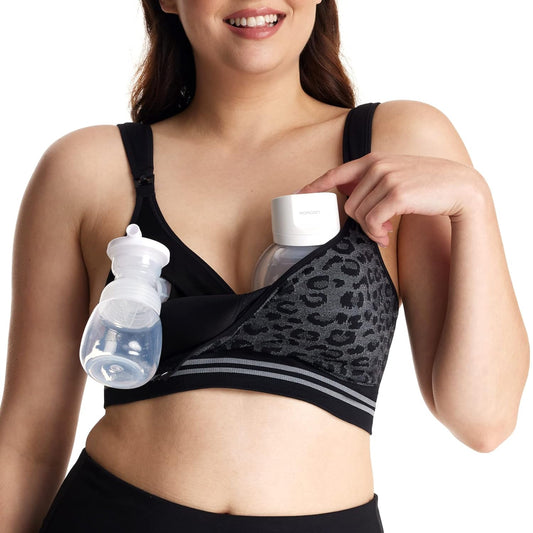Momcozy 4-in-1 Hands Free Seamless Stretch Fabric Pumping Bra, Medium, Leopard Gray