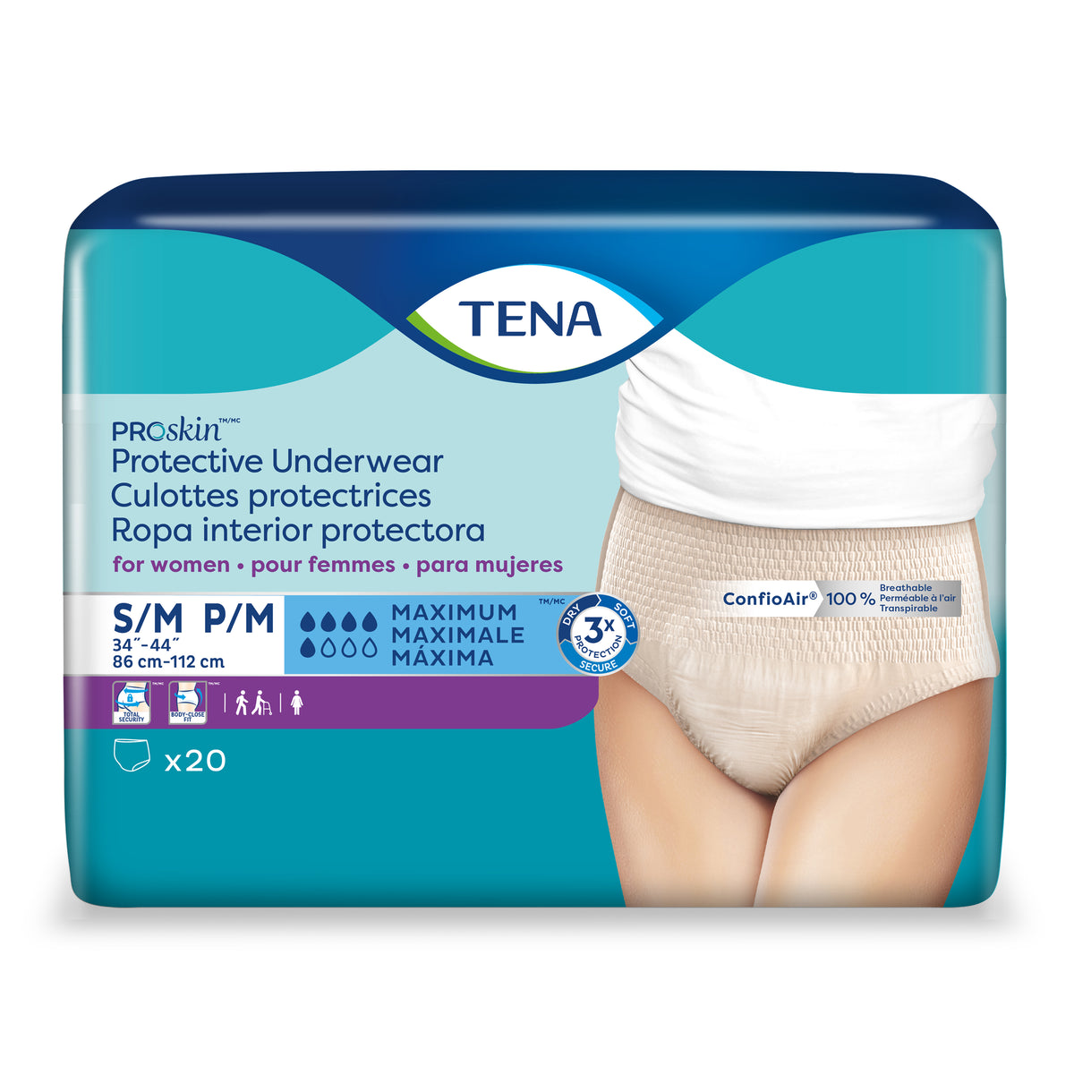 TENA ProSkin Protective Underwear for Women S/M, 34" - 44".