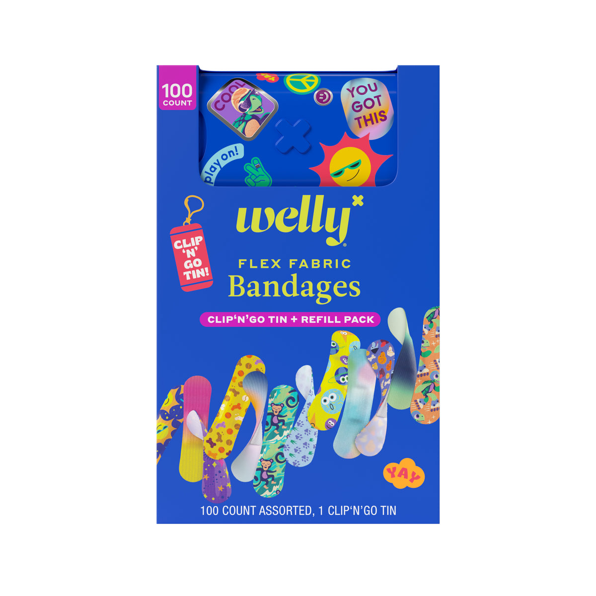 Welly Assorted Flex Fabric Adhesive Bandages, Clip N' Go Tin + Refill Pack, 100 ct, BX/100
